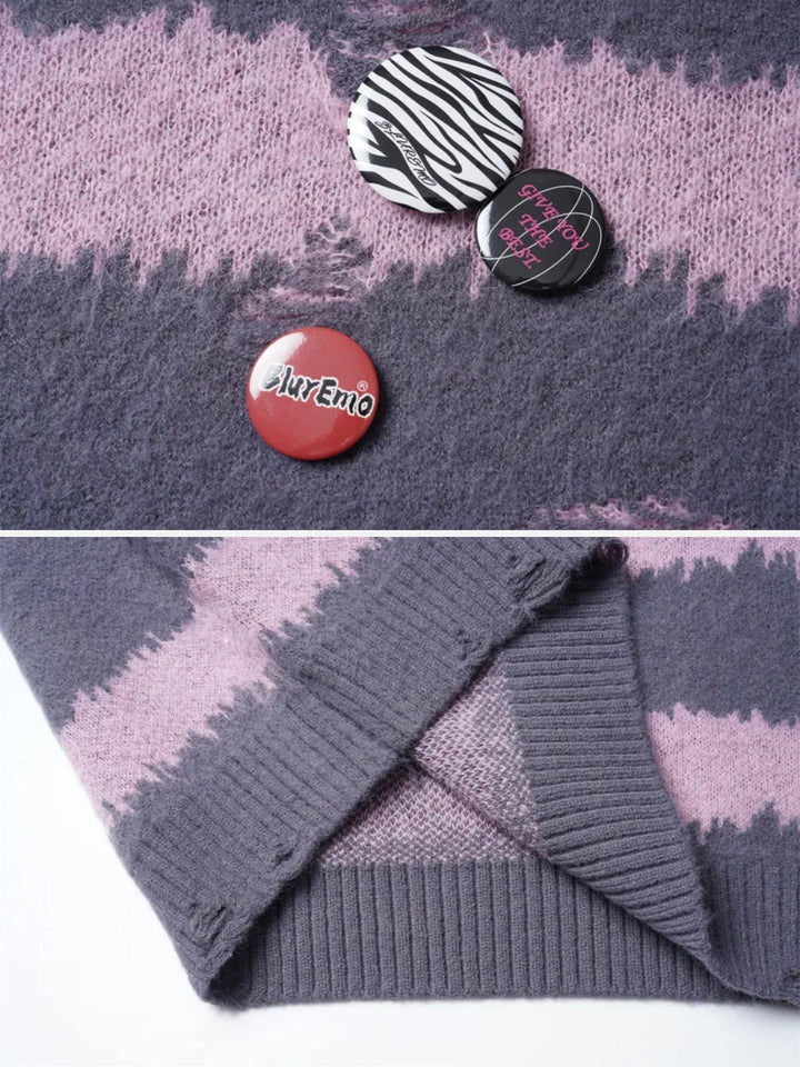 Badge Striped Ripped Sweater-rimiro.com