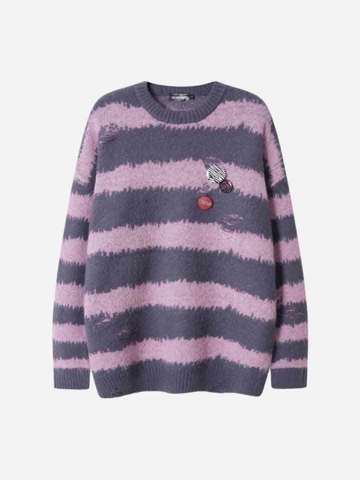 Badge Striped Ripped Sweater-rimiro.com