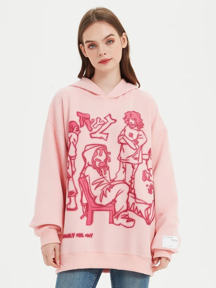 Cartoon Line Character Print Hoodie-rimiro.com