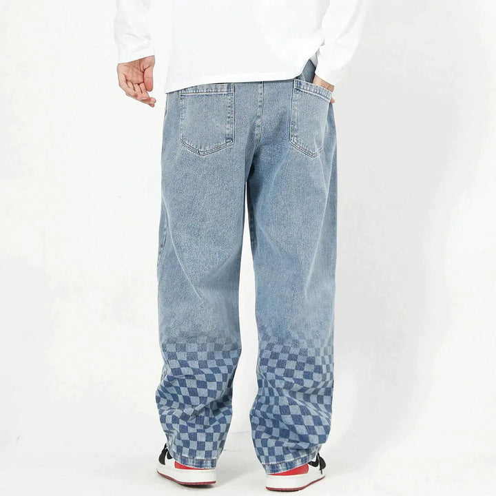 Checkerboard Print Jeans-rimiro.com