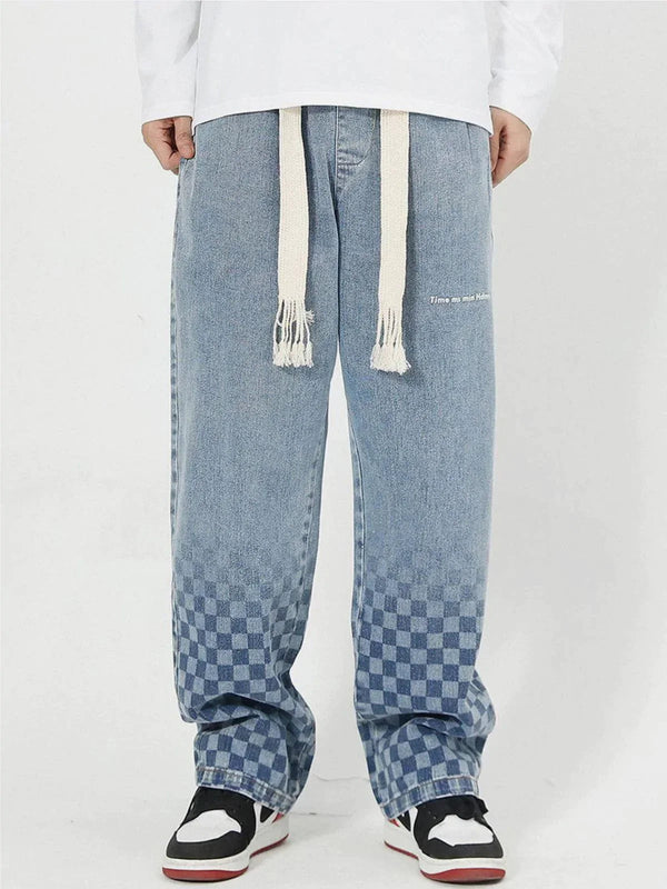 Checkerboard Print Jeans-rimiro.com