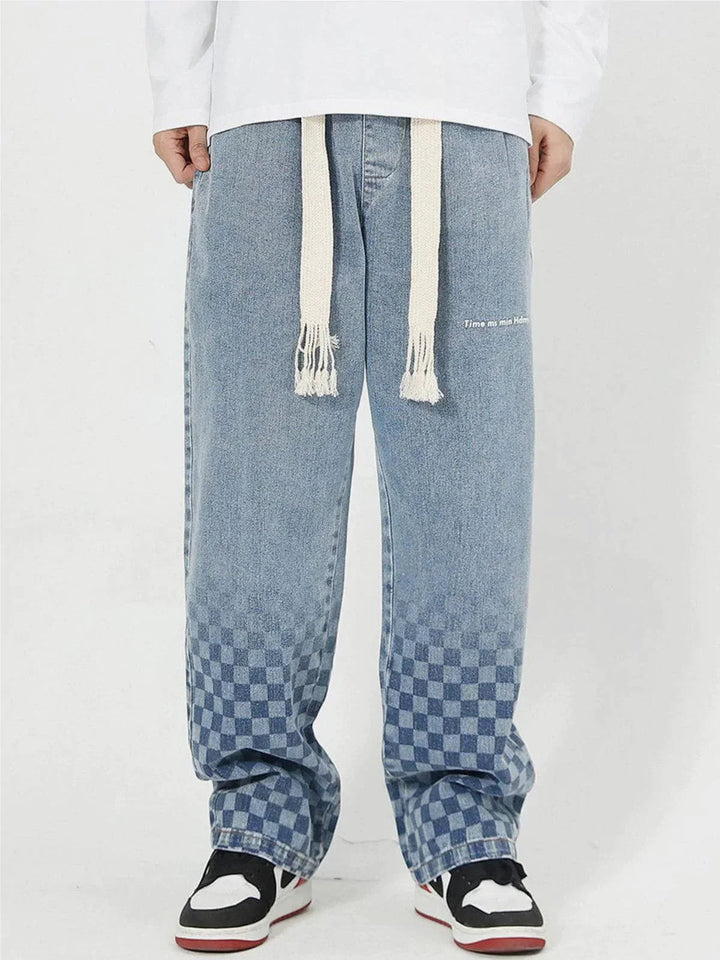 Checkerboard Print Jeans-rimiro.com