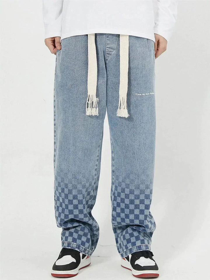 Checkerboard Print Jeans-rimiro.com