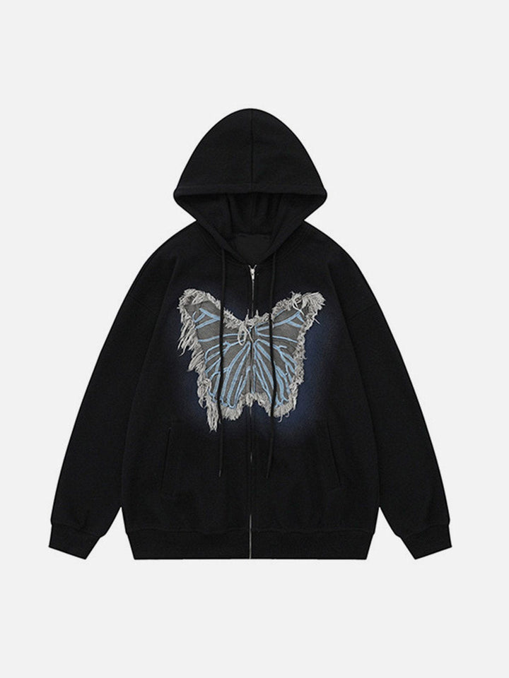 Distressed Butterfly Patch Cardigan Hoodie-rimiro.com