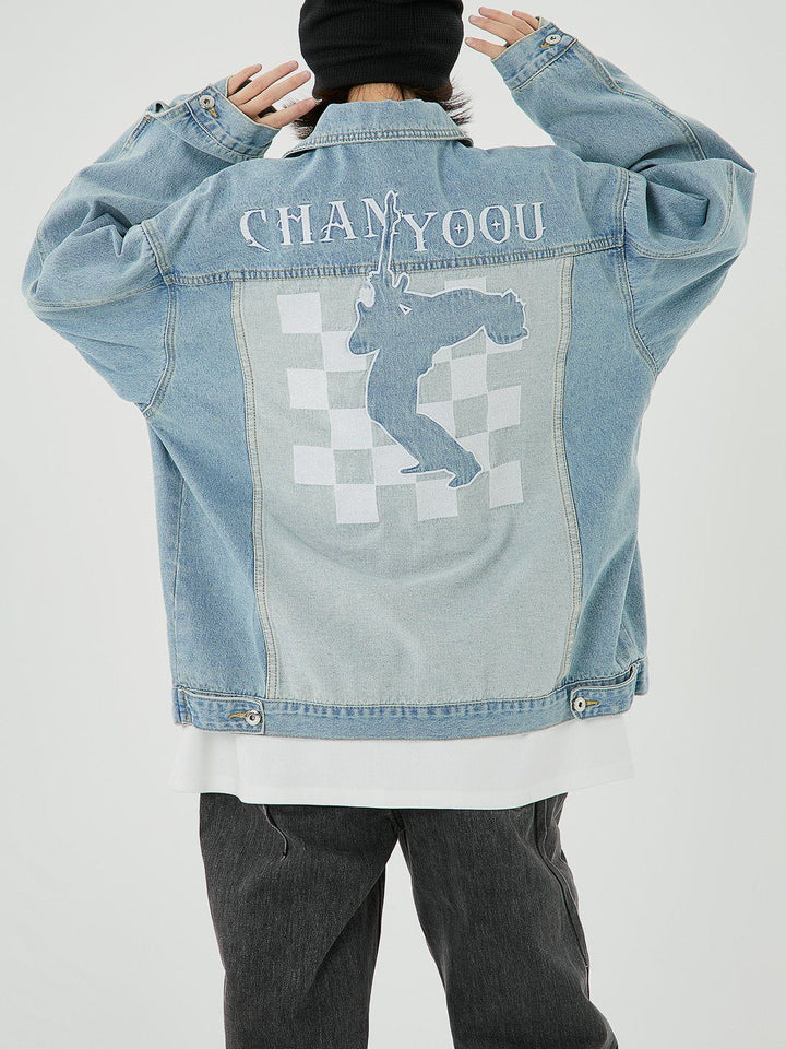 Embroidered Checkerboard Denim Jacket-rimiro.com