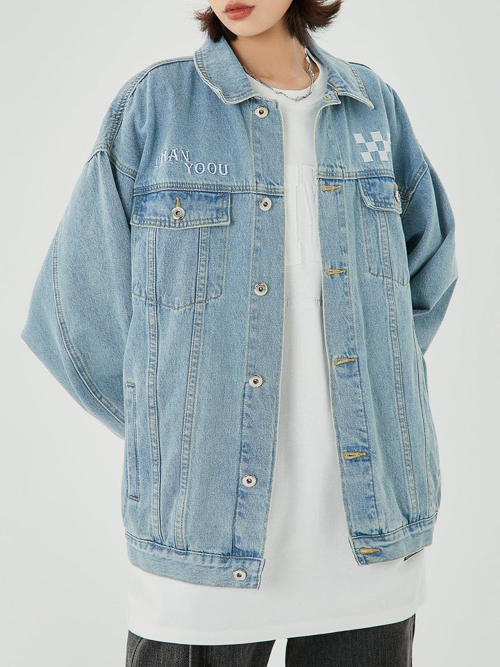 Embroidered Checkerboard Denim Jacket-rimiro.com