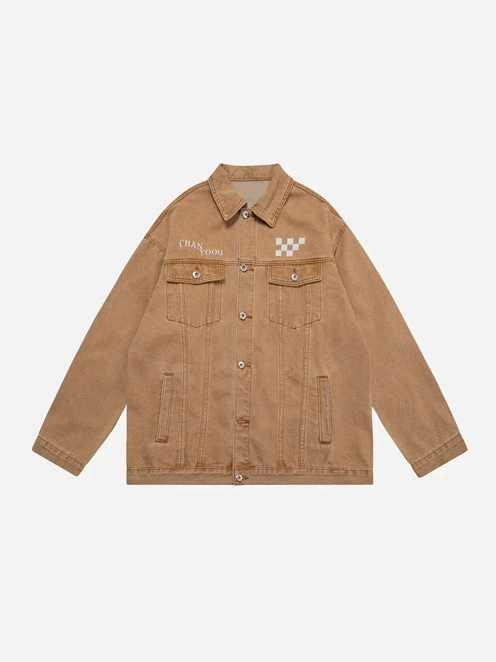 Embroidered Checkerboard Denim Jacket-rimiro.com