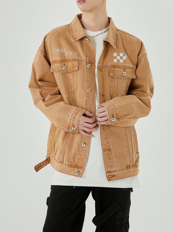 Embroidered Checkerboard Denim Jacket-rimiro.com