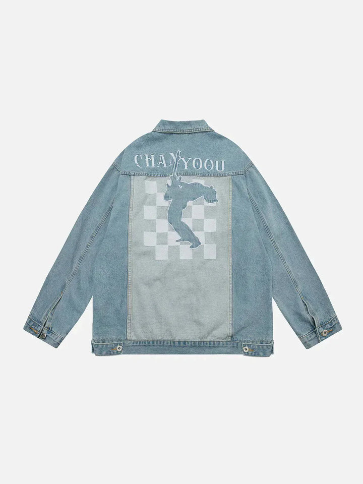 Embroidered Checkerboard Denim Jacket-rimiro.com