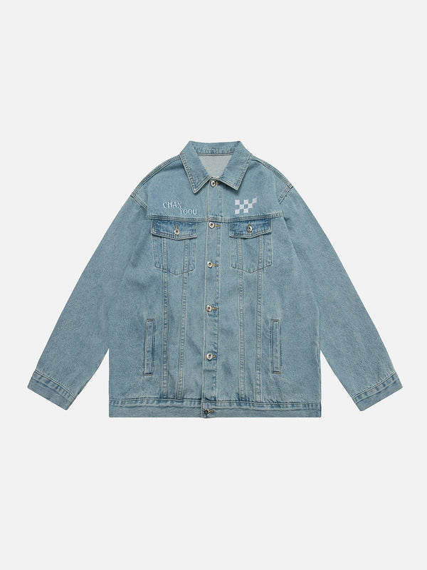 Embroidered Checkerboard Denim Jacket-rimiro.com