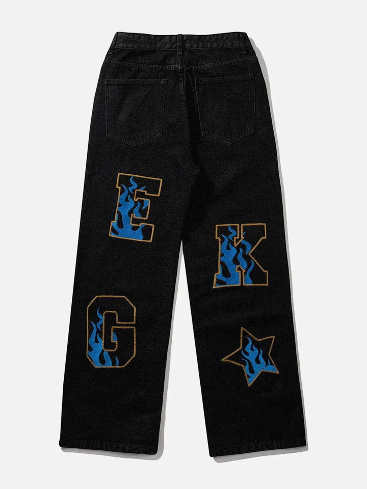 Embroidered Letter Jeans-rimiro.com