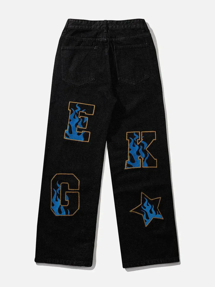 Embroidered Letter Jeans-rimiro.com