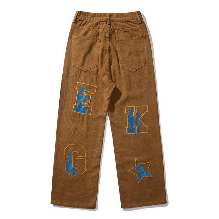 Embroidered Letter Jeans-rimiro.com