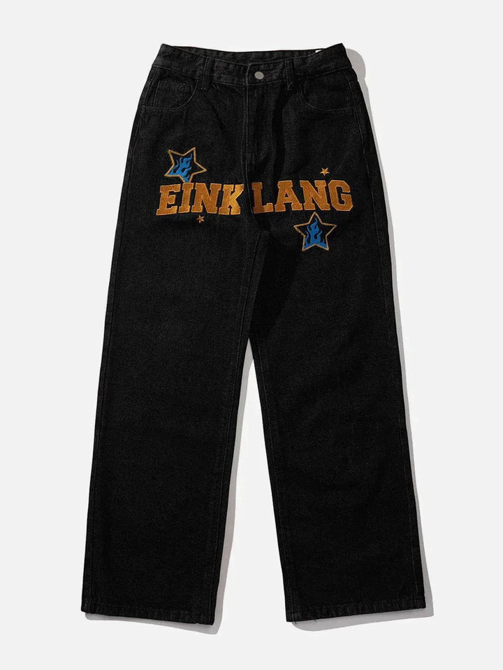 Embroidered Letter Jeans-rimiro.com