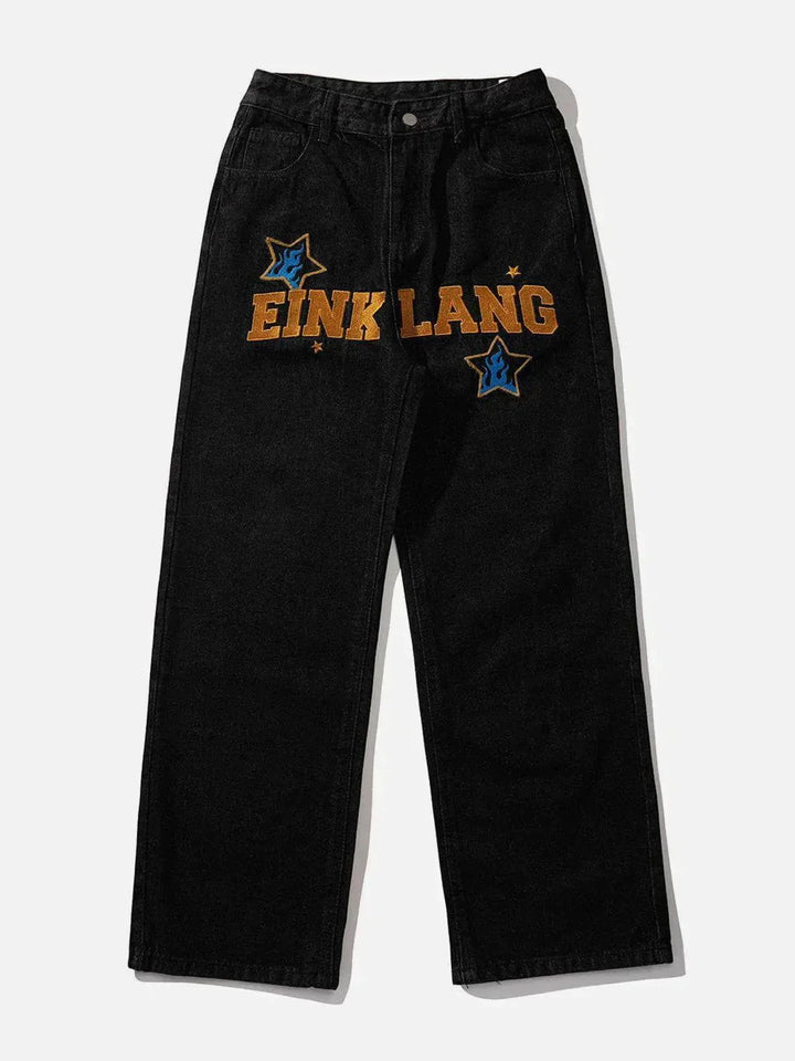 Embroidered Letter Jeans-rimiro.com