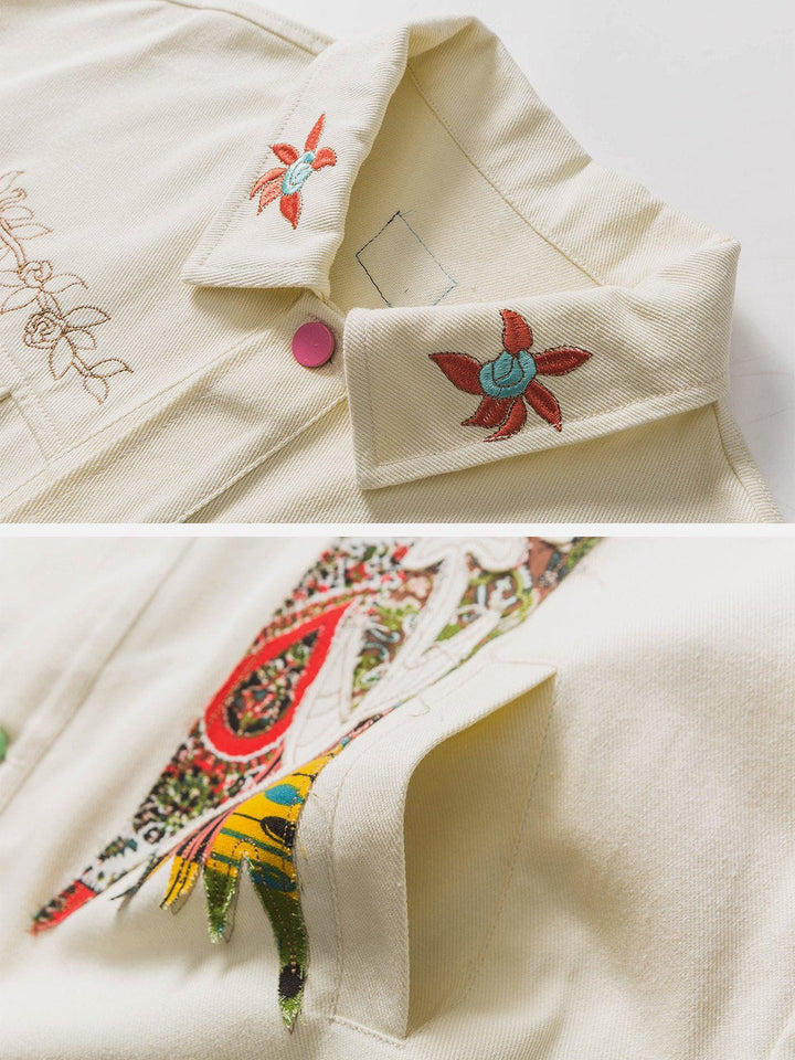 Flower Patchwork Embroidery Denim Jacket-rimiro.com