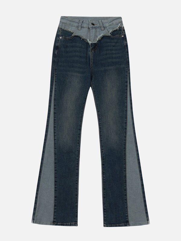 Material Patchwork Contrasting Flared Jeans-rimiro.com