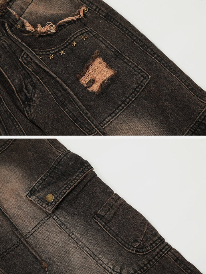 Multi-Pocket Ribbon Raw Edge Jeans-rimiro.com