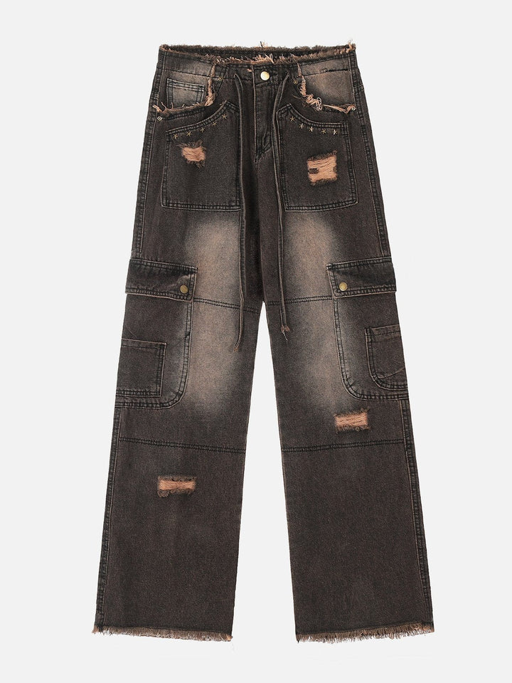 Multi-Pocket Ribbon Raw Edge Jeans-rimiro.com