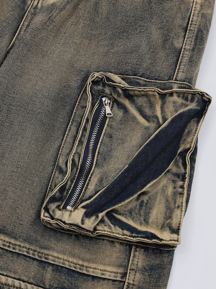 Multiple Pockets Washed Jeans-rimiro.com