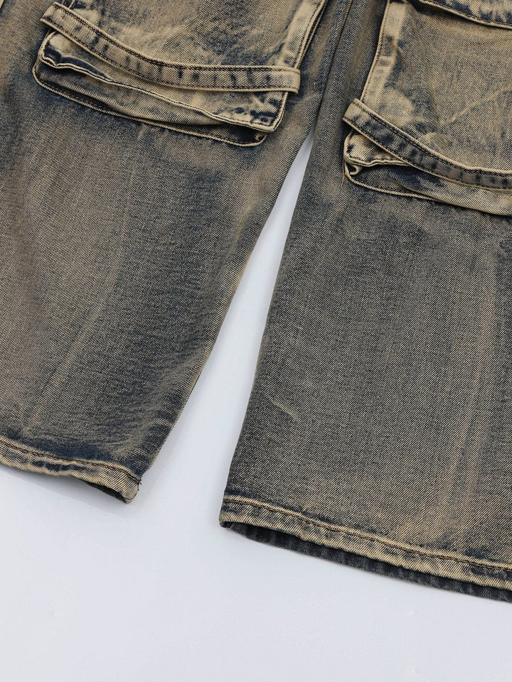 Multiple Pockets Washed Jeans-rimiro.com