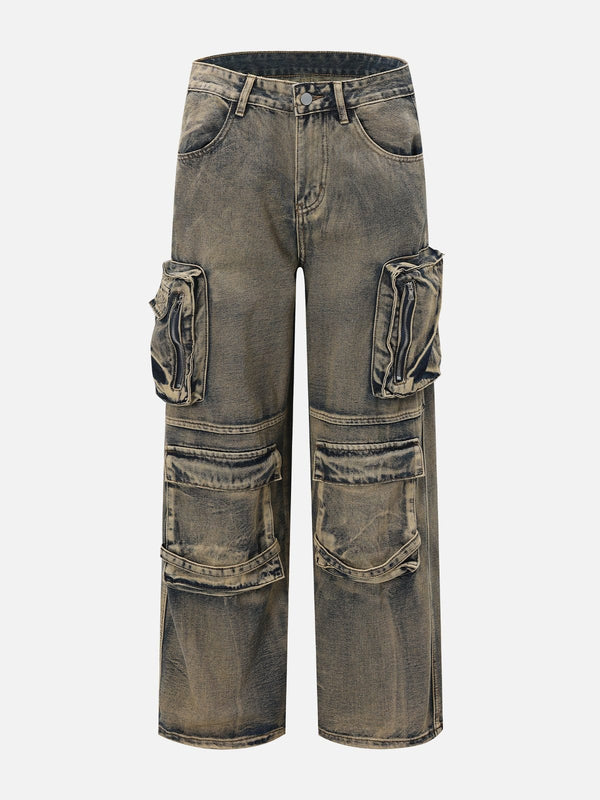 Multiple Pockets Washed Jeans-rimiro.com