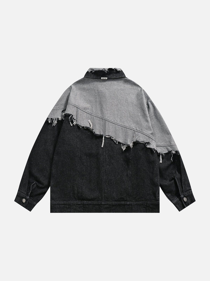 Paneled Color Contrast Ripped Denim Jacket-rimiro.com