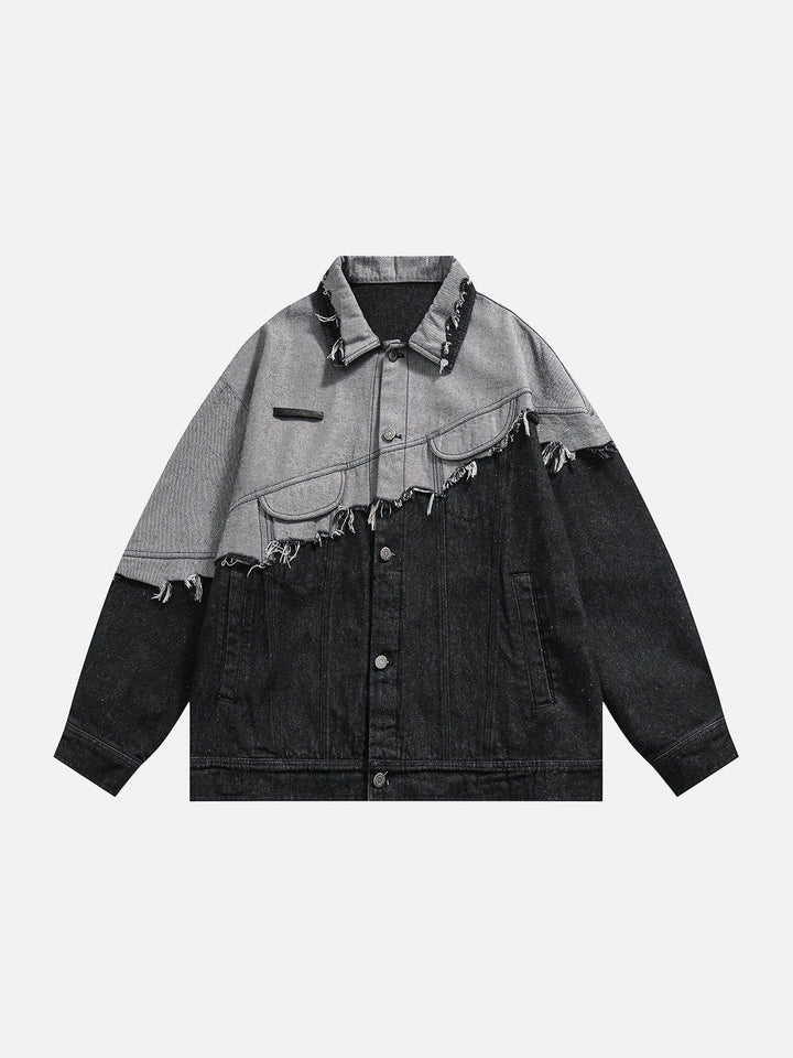 Paneled Color Contrast Ripped Denim Jacket-rimiro.com