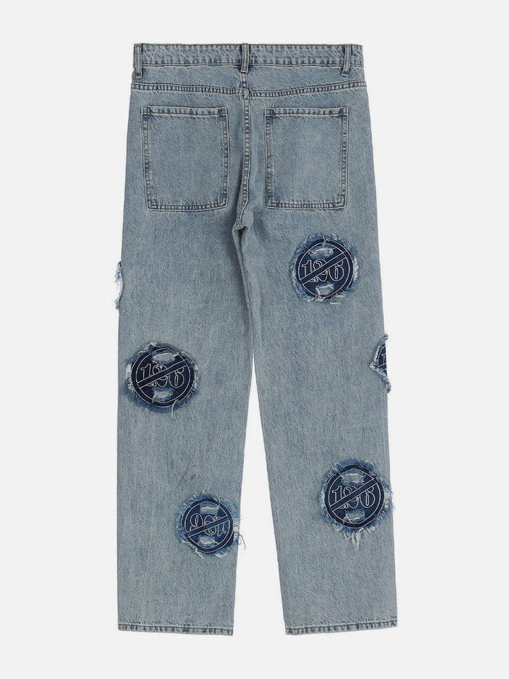 Ripped Hole Prohibit Patchwork Embroidery Jeans-rimiro.com