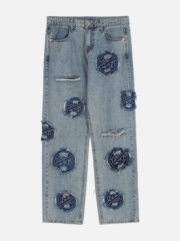 Ripped Hole Prohibit Patchwork Embroidery Jeans-rimiro.com