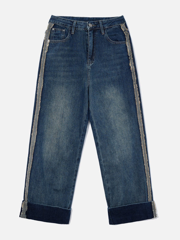 Side Raw Edges High Rise Straight Jeans-rimiro.com