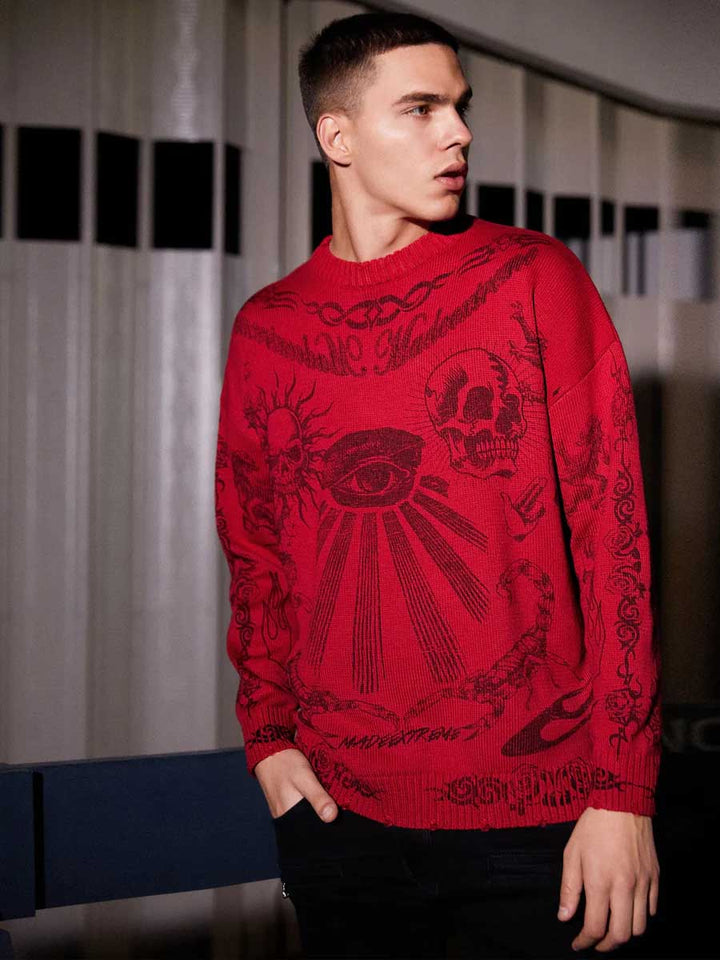 Skull Print Distressed Sweater-rimiro.com