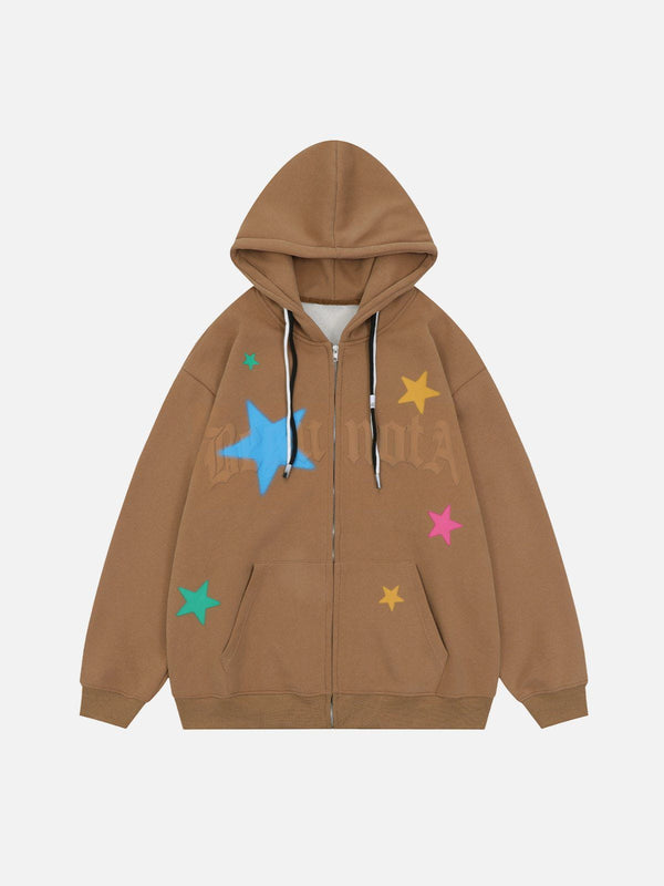 Star Print Fleece Zip Hoodie-rimiro.com