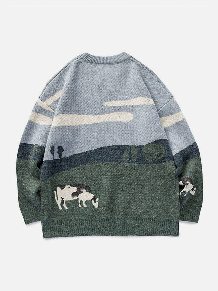 Vintage Prairie Cow Pattern Streetwear Sweater-rimiro.com