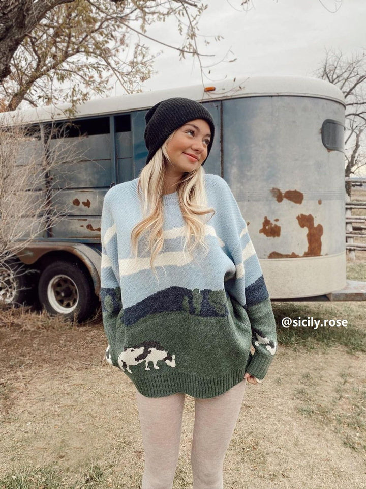 Vintage Prairie Cow Pattern Streetwear Sweater-rimiro.com