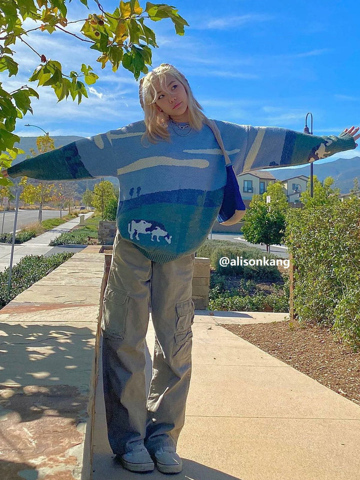 Vintage Prairie Cow Pattern Streetwear Sweater-rimiro.com