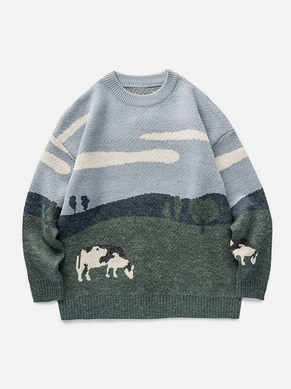 Vintage Prairie Cow Pattern Streetwear Sweater-rimiro.com