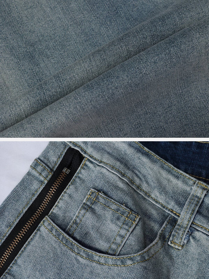 Washed and Distressed Zip Jeans-rimiro.com