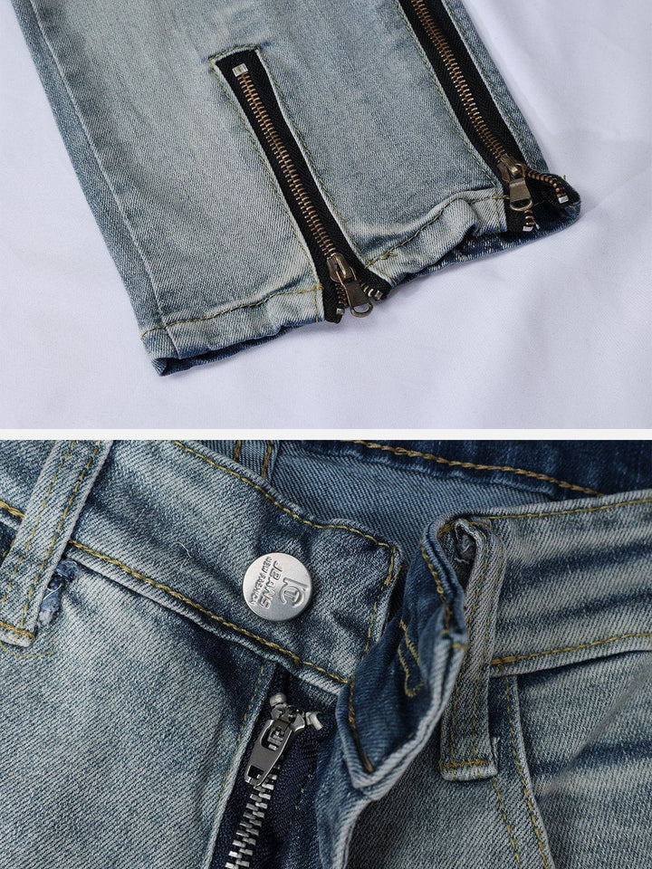 Washed and Distressed Zip Jeans-rimiro.com