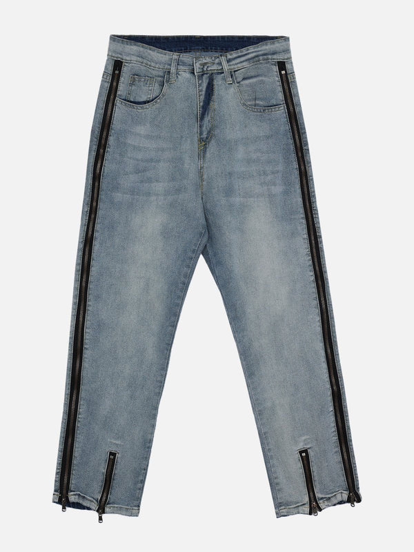 Washed and Distressed Zip Jeans-rimiro.com