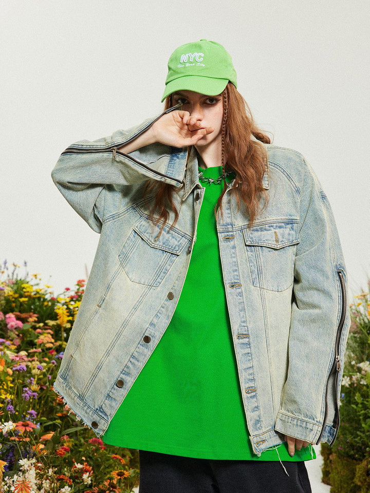 Washed Design Zip Denim Jacket-rimiro.com